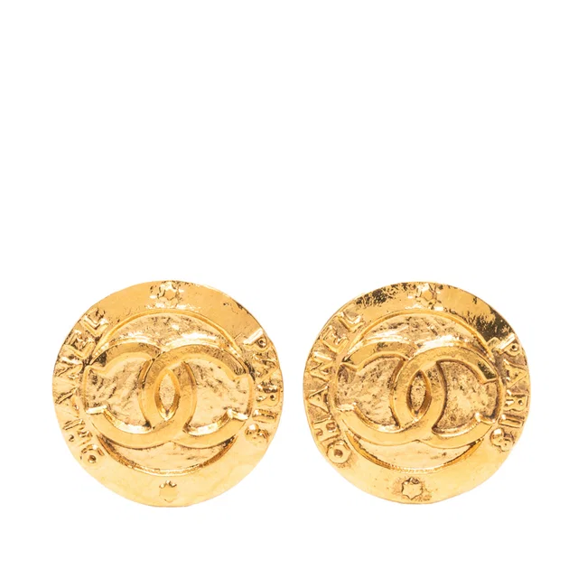 Gold Chanel CC Gold Plated Round Clip On Earrings in Gold from Designer Revival