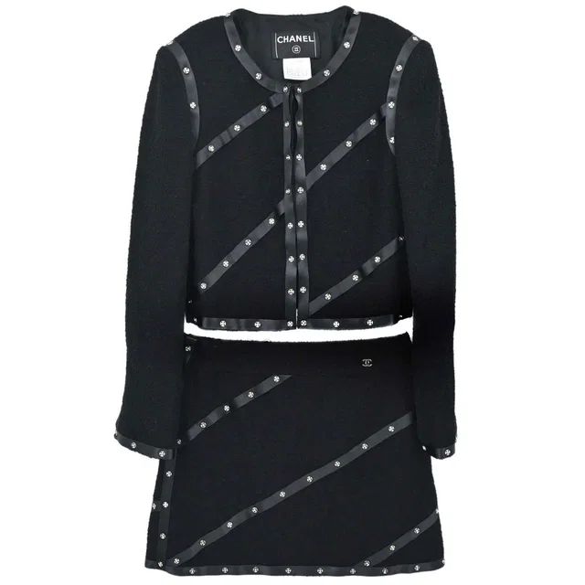 Chanel 2003 Setup Suit Jacket Skirt Black #36 in Black Nylon from AMORE Vintage Tokyo