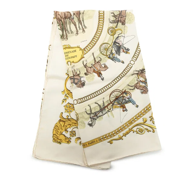 Beige Hermès La Promenade de Longchamps Silk Scarf 90 Scarves in Beige Silk from Designer Revival