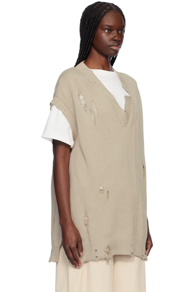 YOHJI YAMAMOTO Taupe 7G2P Jersey V Neck Vest, photo 2 of 4 from SSENSE
