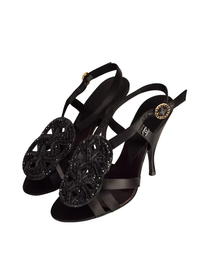 Chanel Vintage 1980s Ultra Rare Black Embroidered Beaded Satin Strappy Heels in Black Satin from Amarcord Vintage Fashion
