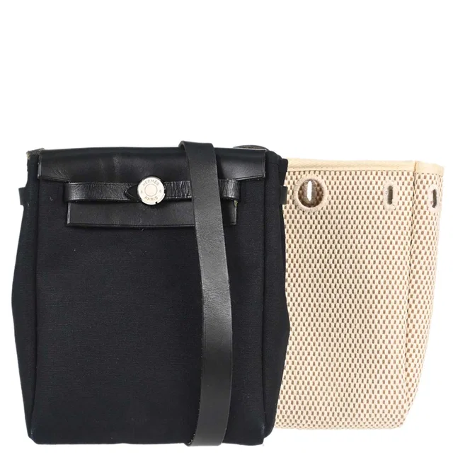 Hermès 2004 Black Natural Toile Officier GM Herbag TPM 2 in 1 Shoulder Bag in Black Leather from AMORE Vintage Tokyo