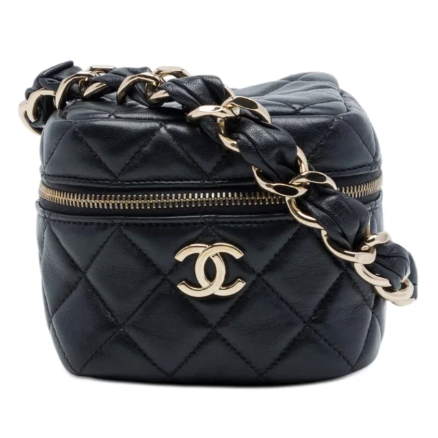 Black Chanel CC Quilted Lambskin Cube Vanity Bag in Black Lambskin from Designer Revival
