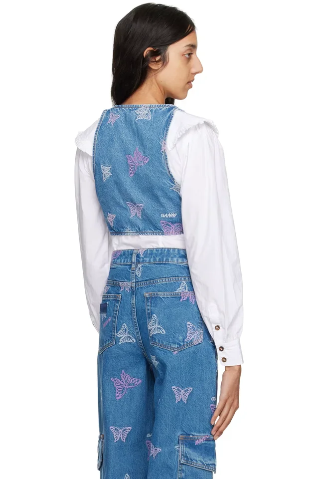 GANNI Blue Embroidered Tank Top, photo 3 of 4 from SSENSE