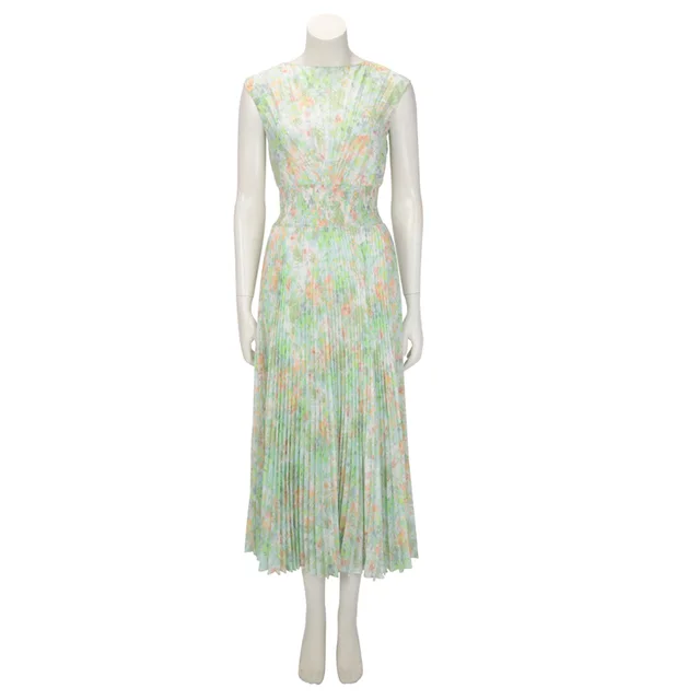 Prada Crepe Pleated Floral Print Dress IT 38 in Pastel from Blue Spinach