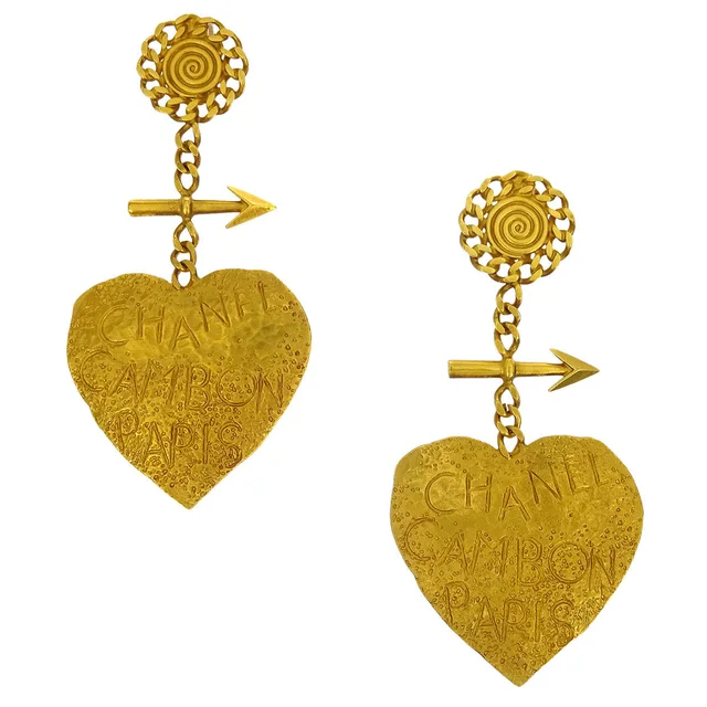 Chanel Dangle Heart Arrow Earrings Gold Clip-On 93P in Gold from AMORE Vintage Tokyo