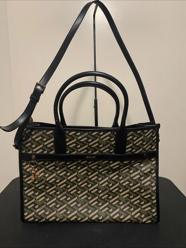 Versace Black, Beige And Olive Green Patterned Tote With Gold Accents in brown|red|black Leather from Poshmark