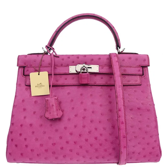 Hermès Fuchsia Pink Ostrich Kelly 32 Retourne 2way Shoulder Handbag in Pink Ostrich from AMORE Vintage Tokyo