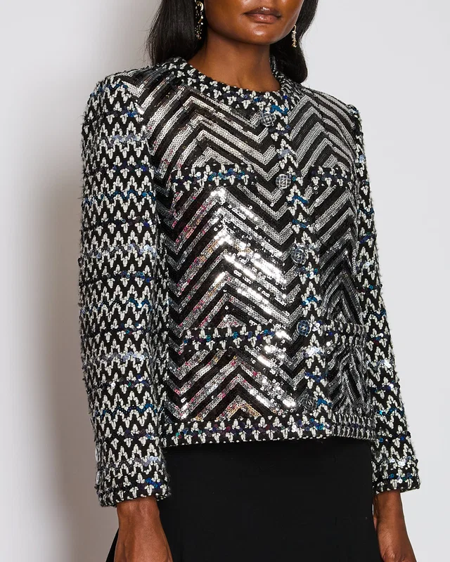Chanel 21K Black Collarless Chevon Sequin Tweed Jacket Size FR 42 (UK 14) in Black Tweed from Sellier