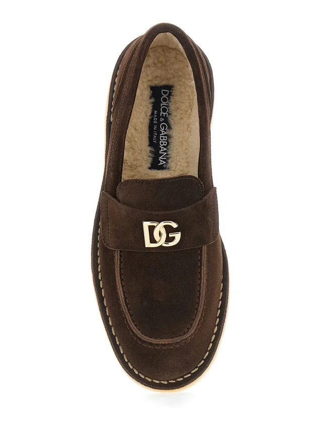 DOLCE E GABBANA Brown Loafers with logo plate on the front and contrasting stitching in suede for women in Brown, photo 8 of 8 from Gaudenzi Boutique