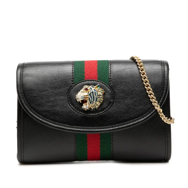 Black Gucci Mini Calfskin Rajah Web Chain Crossbody in Black Calfskin from Designer Revival