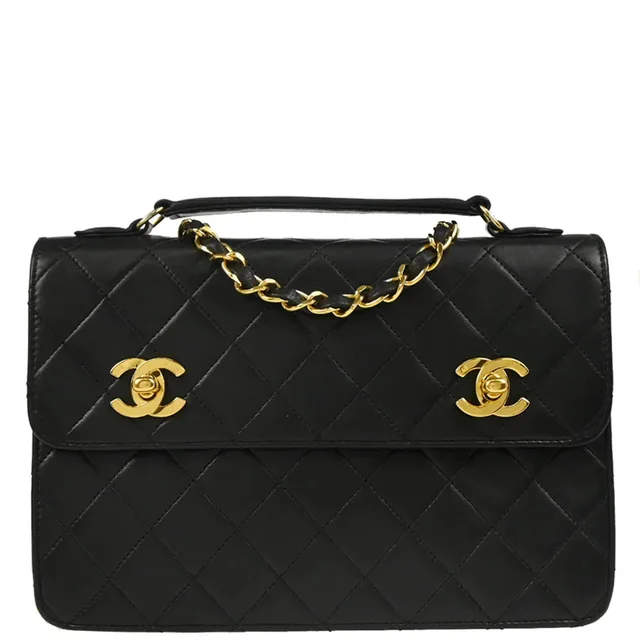 Chanel 1989-1991 Black Lambskin Double Turnlock Shoulder Bag in Black Lambskin from AMORE Vintage Tokyo