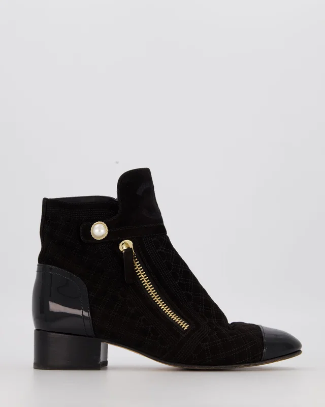 Chanel Black Fabric Suede Quilted Ankle Boots with Pearl Button and Patent Toecap Size EU 38 in Black Patent leather from Sellier