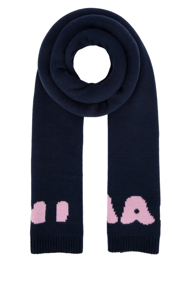 Marni Animal-Intarsia Knit Scarf — Navy Wool Scarfs in Navy Wool from HEWI