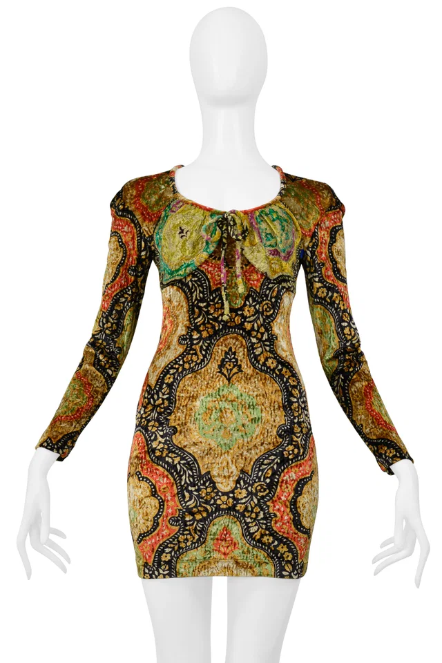 Christian Lacroix Multi Colored And Gold Painted Crushed Velvet Dress 1991 in Gold Velvet from Resurrection Vintage