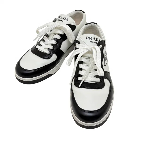 Prada Sneakers White Black Leather 8.5 in Black Leather from The Reluxe