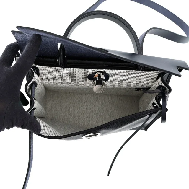 Hermès Herbag zip Blue Nuit/Black Toile HBerline Vache Hunter Leather Size PM in Black Leather from GALLERY RARE, photo 5 of 13
