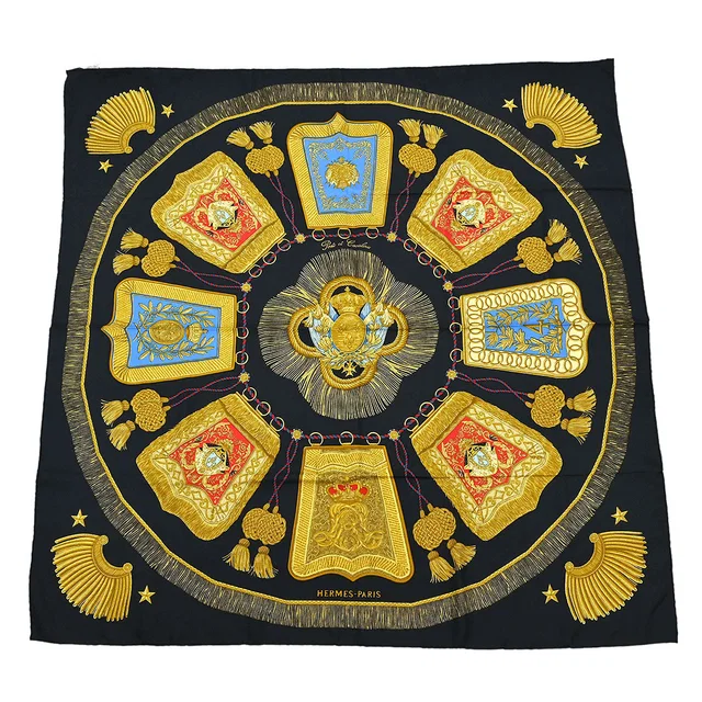Hermès Scarf Carre 90 Poste et Cavalerie Black Small Good in Black Silk from AMORE Vintage Tokyo