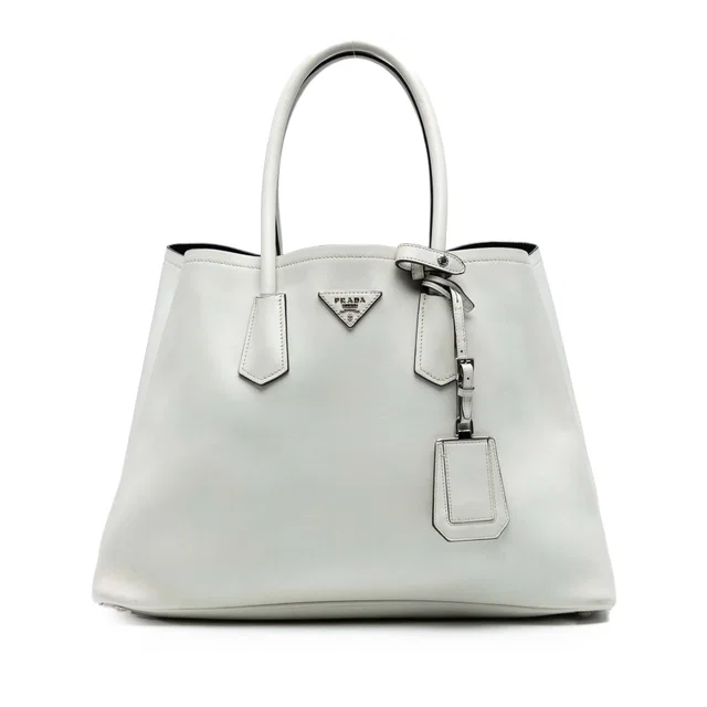 White Prada Large City Calf Double Satchel in White Leather from Designer Revival