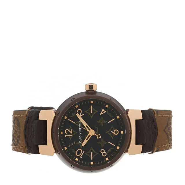 Louis Vuitton Stainless Steel 18K Rose Gold Monogram 28mm Tambour Quartz Watch Brown in Brown from FASHIONPHILE, photo 2 of 5