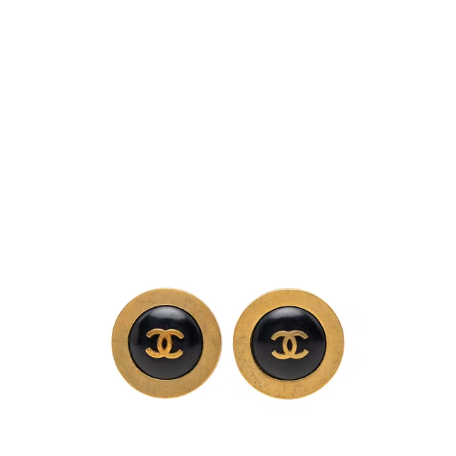 Gold Chanel CC Gold Plated Enamel Round Clip On Earrings in Gold from Designer Revival