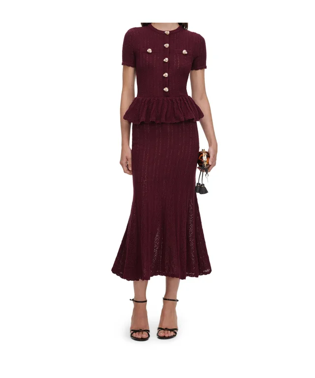 Self-Portrait burgundy pointelle peplum knit midi dress, photo 2 of 4 from SENSER