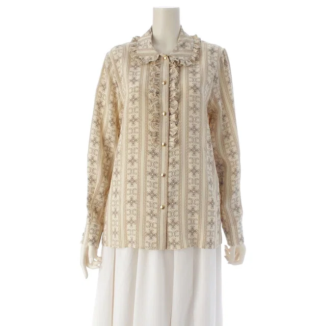 Celine Triomphe Ruffle Long Sleeve Blouse Top Beige 40 in Beige Silk from The Reluxe