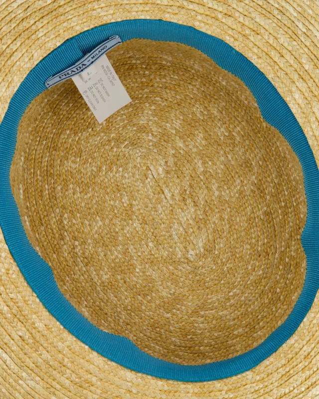 Prada Raffia Woven Hat with Teal Ribbon Detail Size L in Beige Woven leather from Sellier, photo 7 of 7