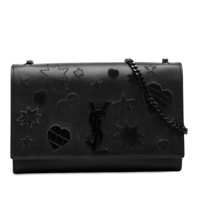 Black Saint Laurent Medium Calfskin Star and Heart Patchwork Monogram Monochrome Kate Crossbody in Black Calfskin from Designer Revival