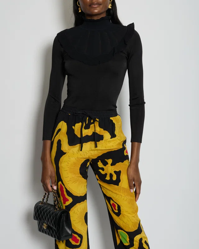 Hermès Black Ruffle Long Sleeve Top with Collar Detail Size FR 34 (UK 6) in Black Silk from Sellier