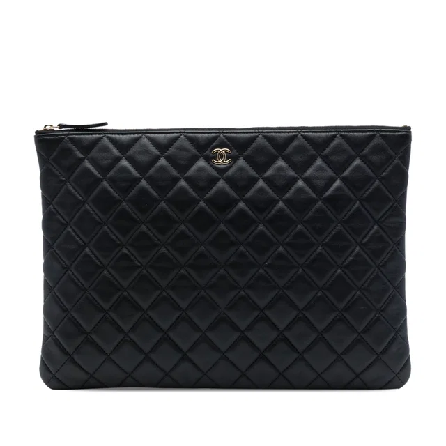 Black Chanel Large Quilted Lambskin O Case Clutch in Black Lambskin from Designer Revival