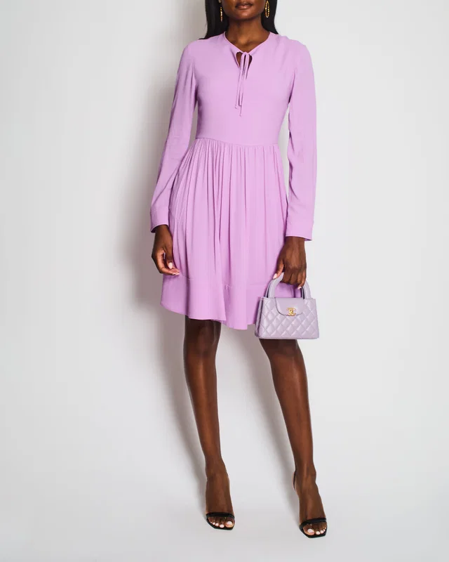 Stella McCartney Lilac Long Sleeve Pleated Waist Midi Dress with V-Neck Tie Detail Size IT 42 (UK 10) in Purple from Sellier