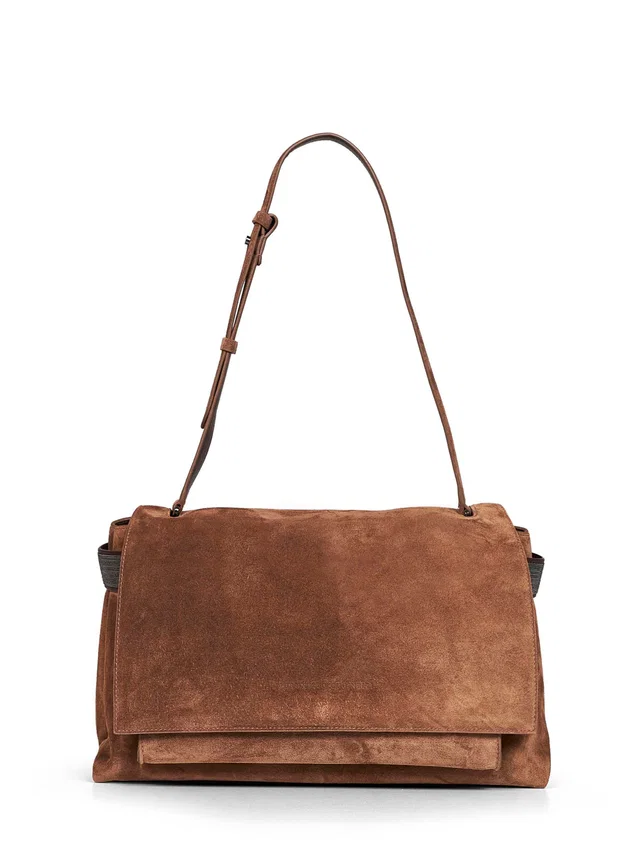 Brunello Cucinelli Suede Foldover Shoulder Bag — Brown Cotton in Brown Suede from HEWI