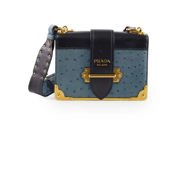 Prada Cahier Ostrich Crossbody Bag Teal/Black in Black Ostrich from The Purse Affair