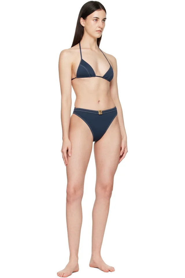 BALMAIN Navy Triangle High Brief Bikini, photo 4 of 4 from SSENSE