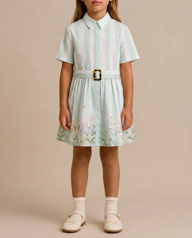 Fendi Pastel Green Striped Floral Butterfly Print Short Sleeve Dress Size 8 Years in Green from Sellier