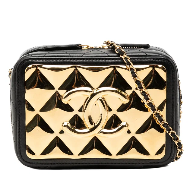 Black Chanel Mini CC Quilted Lambskin and Golden Plate Vanity Crossbody in Black Lambskin from Designer Revival