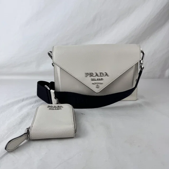 Prada Saffiano White Mini Envelope Bag in White Metal, Saffiano, Saffiano Leather from Reowned