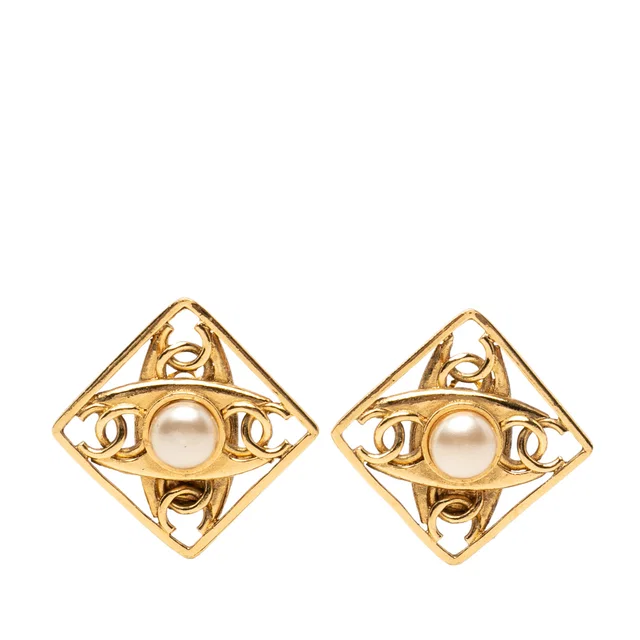Gold Chanel CC Gold Plated Faux Pearl Diamond Shaped Clip On Earrings in Gold from Designer Revival