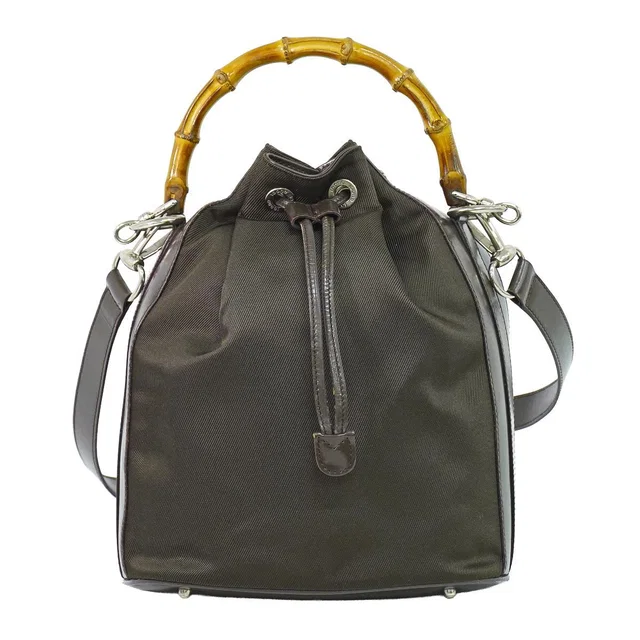 Gucci Bamboo Drawstring 2-Way Shoulder Bag Canvas Leather Brown in Brown Canvas from The Reluxe