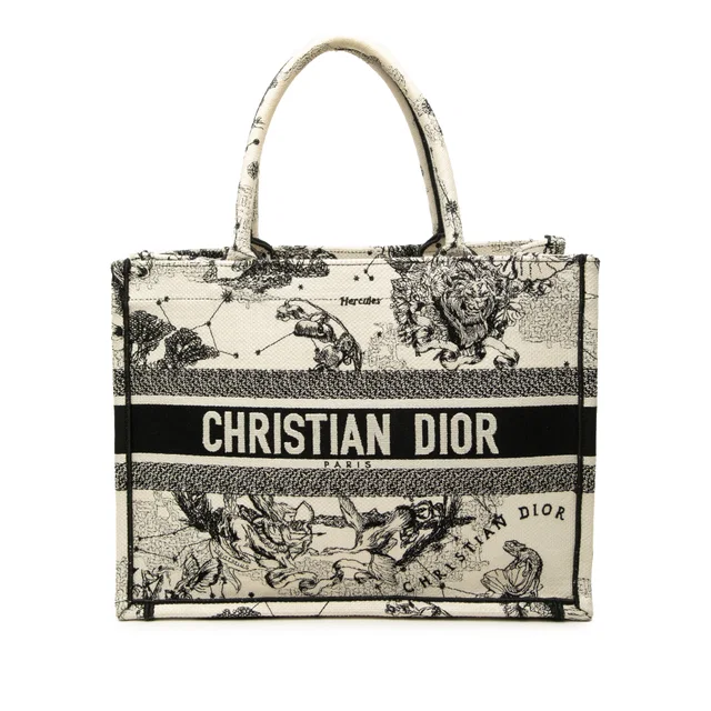 White Dior Medium Canvas Embroidered Zodiac Toile De Jouy Book Tote in White Canvas from Designer Revival