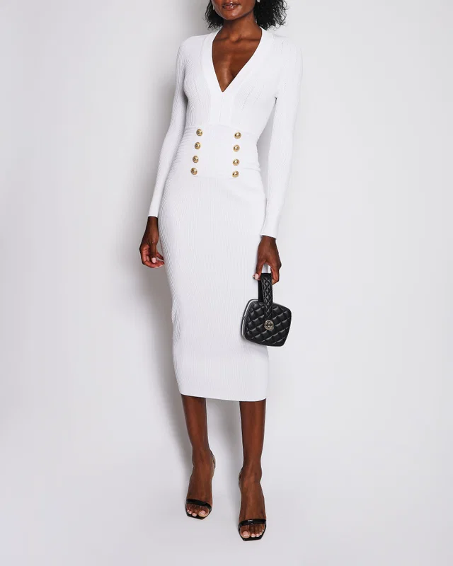 Balmain White Ribbed Long-Sleeve V-Neck Midi Dress with Gold Buttons Size FR 40 (UK 12) in White from Sellier