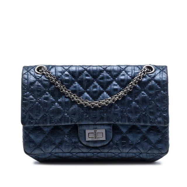 Blue Chanel Quilted Metallic Striped Aged Calfskin Reissue 2.55 Accordion Flap 225 Shoulder Bag in Blue Calfskin from Designer Revival