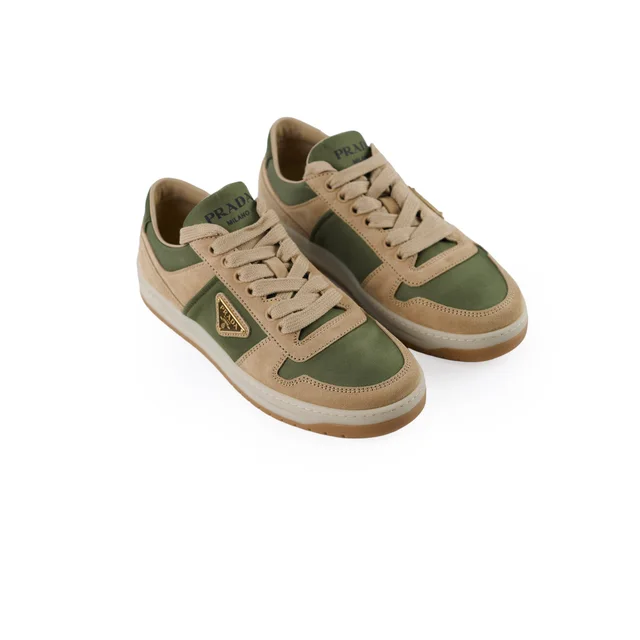 Prada and Green Downtown Sneakers Womens 36.5 in Beige Suede from The Purse Affair
