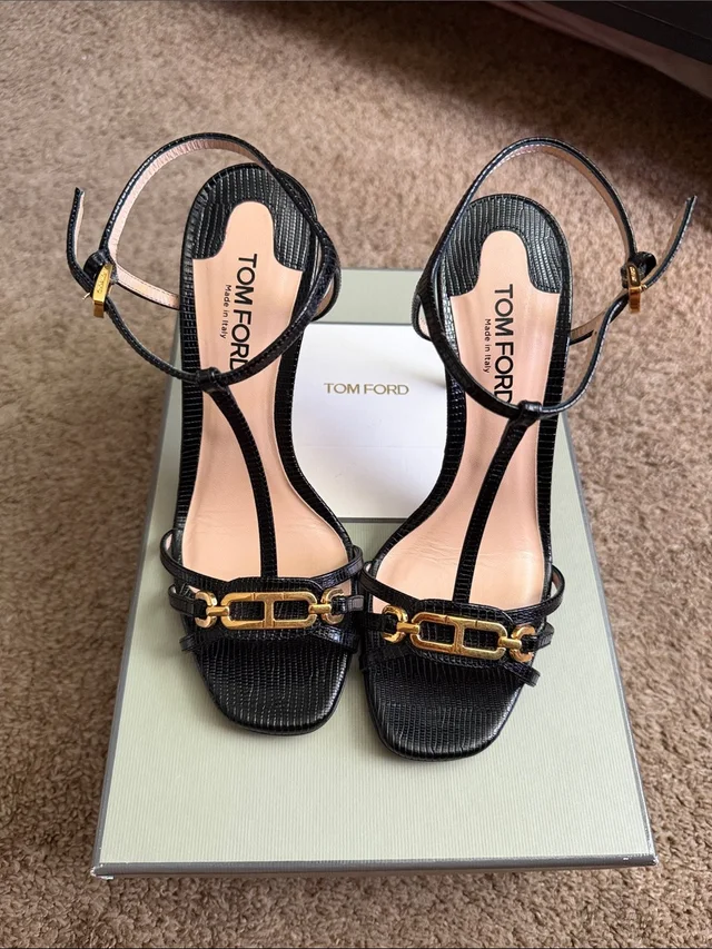 Tom Ford Black Leather T-Strap Heels With Gold Hardware Accents in gold|black Leather from Poshmark
