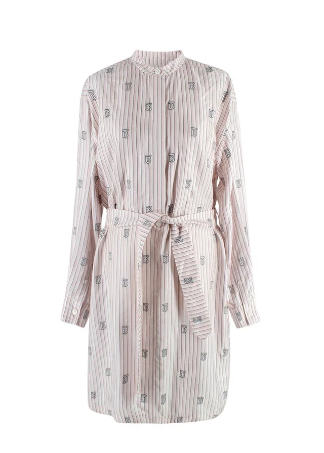 Burberry Pink and White Striped Elina Logo Print Shirt Dress in White Silk from HEWI