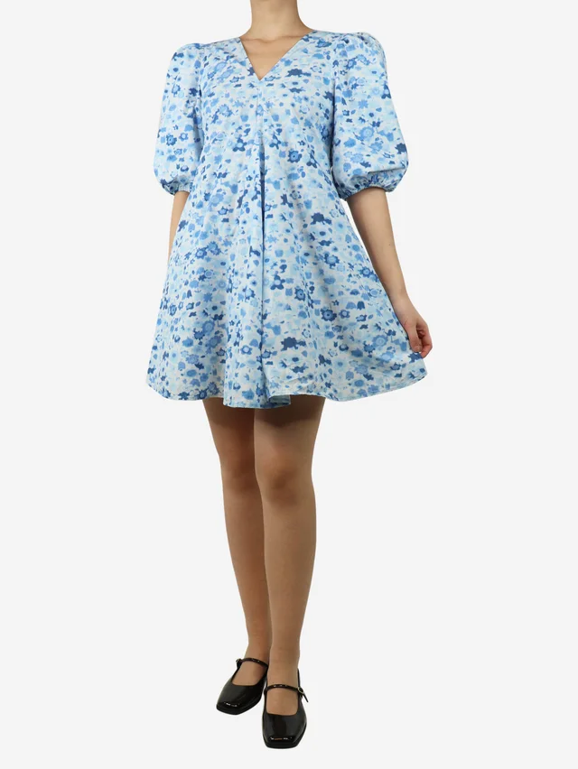 GANNI Blue puff-sleeved floral mini dress - size UK 8 in Blue from Sign of the Times