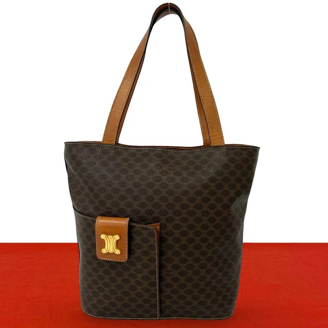 Celine Vintage Macadam Pattern Triomphe Logo Leather Tote Bag Brown in Brown Leather from The Reluxe