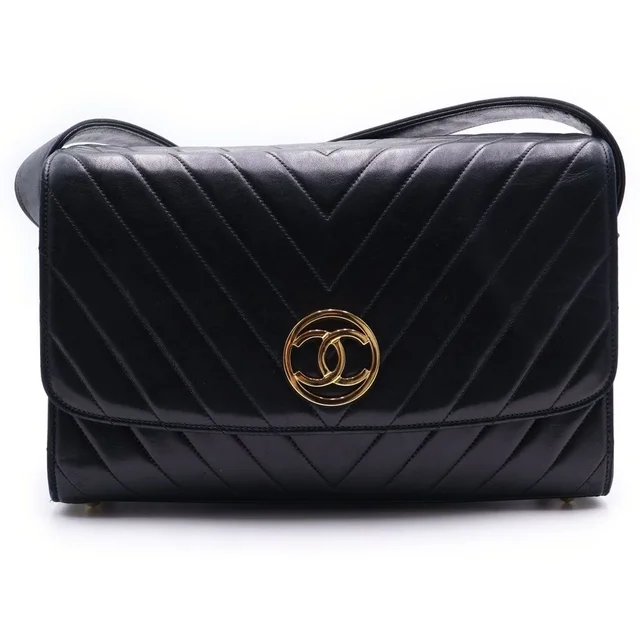 Chanel Chevron Lambskin Gold Vintage Shoulder Bag Black in Black Lambskin from The Reluxe