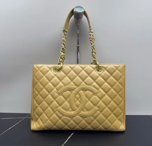 Chanel Beige Caviar Quilted Grand Shopping Tote (GST) in Beige Caviar leather from Luxury Promise